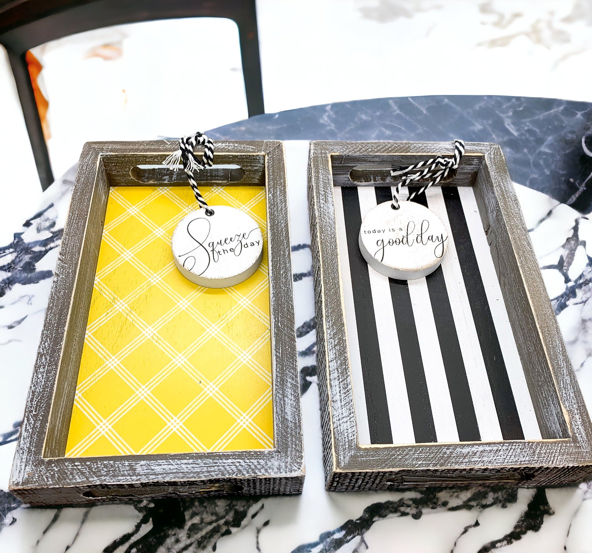 Good Day Stripes wooden tray featuring a black and white design with the phrase 'Today is a good day' on one side.