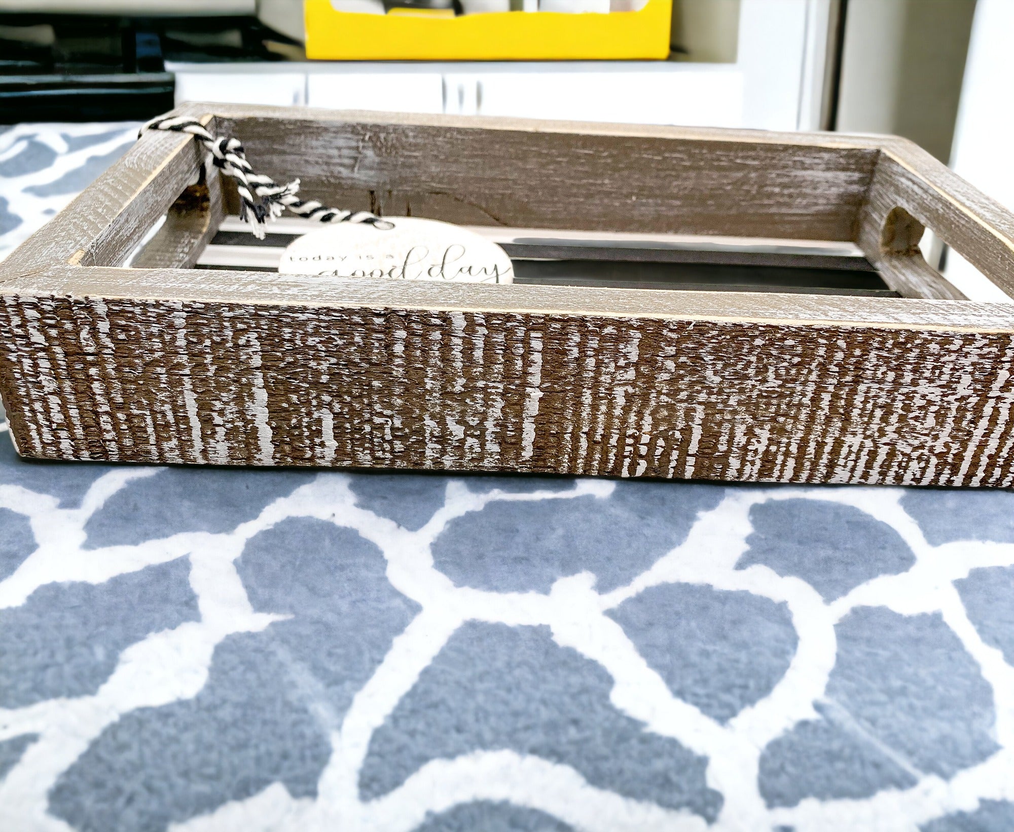 Good Day Stripes wooden tray featuring a black and white design with the phrase 'Today is a good day' on one side.