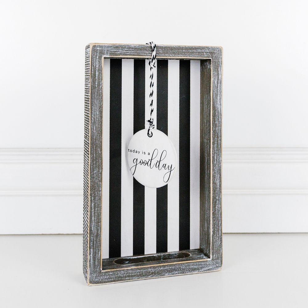 Good Day Stripes wooden tray featuring a black and white design with the phrase 'Today is a good day' on one side.
