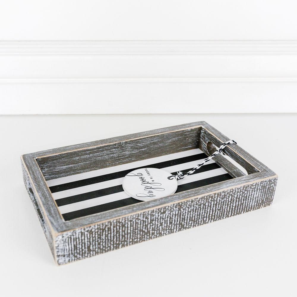 Good Day Stripes wooden tray featuring a black and white design with the phrase 'Today is a good day' on one side.
