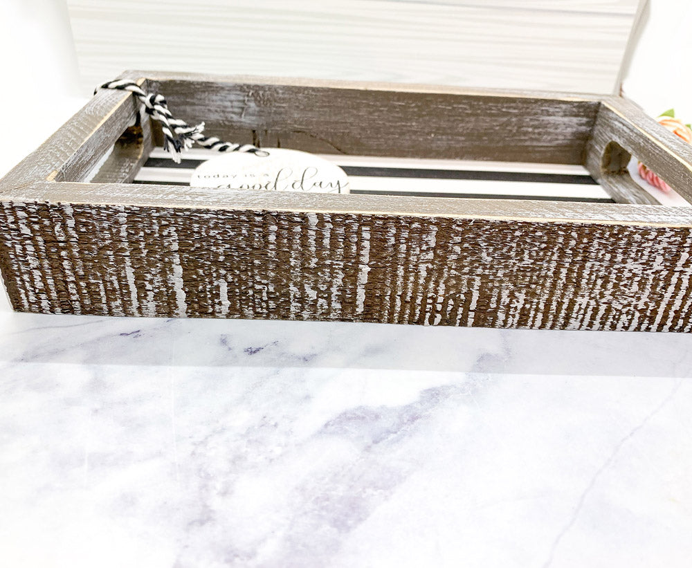 Good Day Stripes wooden tray featuring a black and white design with the phrase 'Today is a good day' on one side.