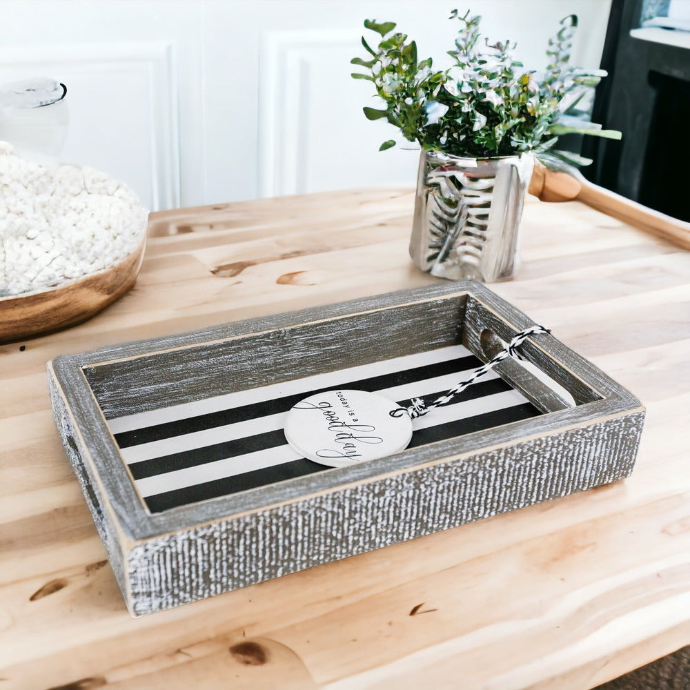 Good Day Stripes wooden tray featuring a black and white design with the phrase 'Today is a good day' on one side.