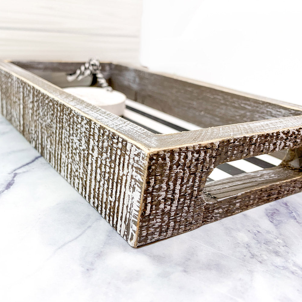 Good Day Stripes wooden tray featuring a black and white design with the phrase 'Today is a good day' on one side.