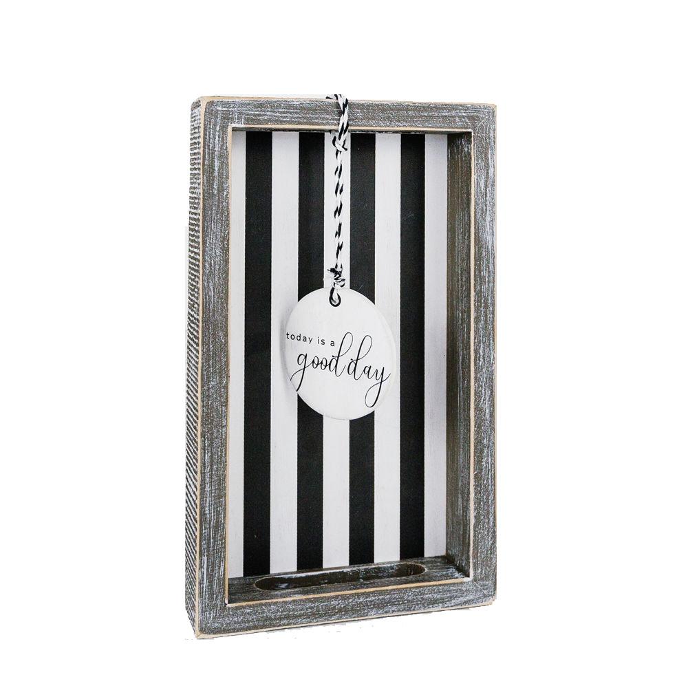 Good Day Stripes wooden tray featuring a black and white design with the phrase 'Today is a good day' on one side.