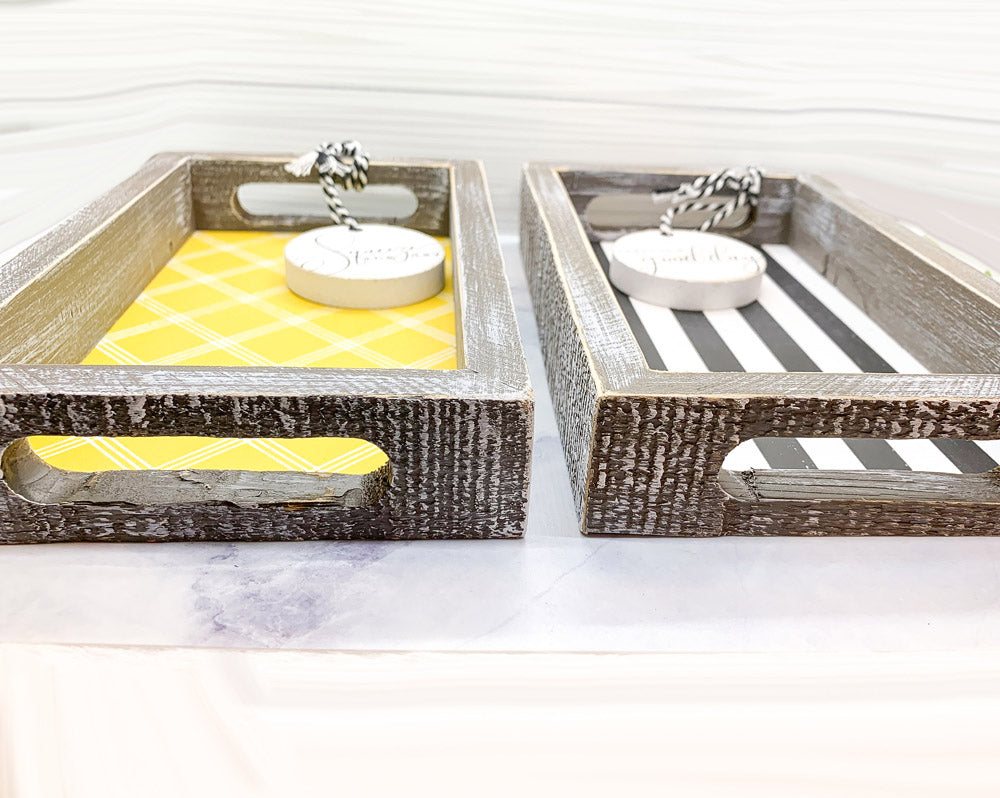 Good Day Stripes wooden tray featuring a black and white design with the phrase 'Today is a good day' on one side.