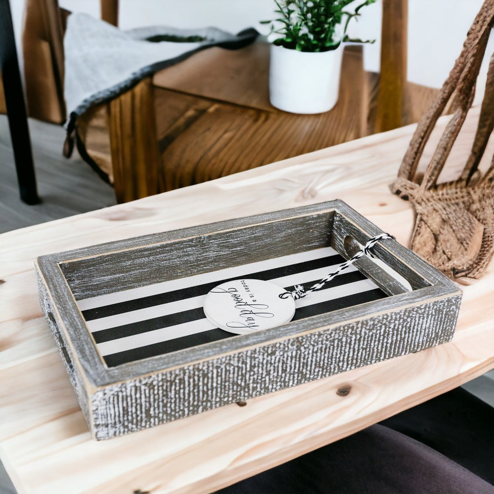 Good Day Stripes wooden tray featuring a black and white design with the phrase 'Today is a good day' on one side.