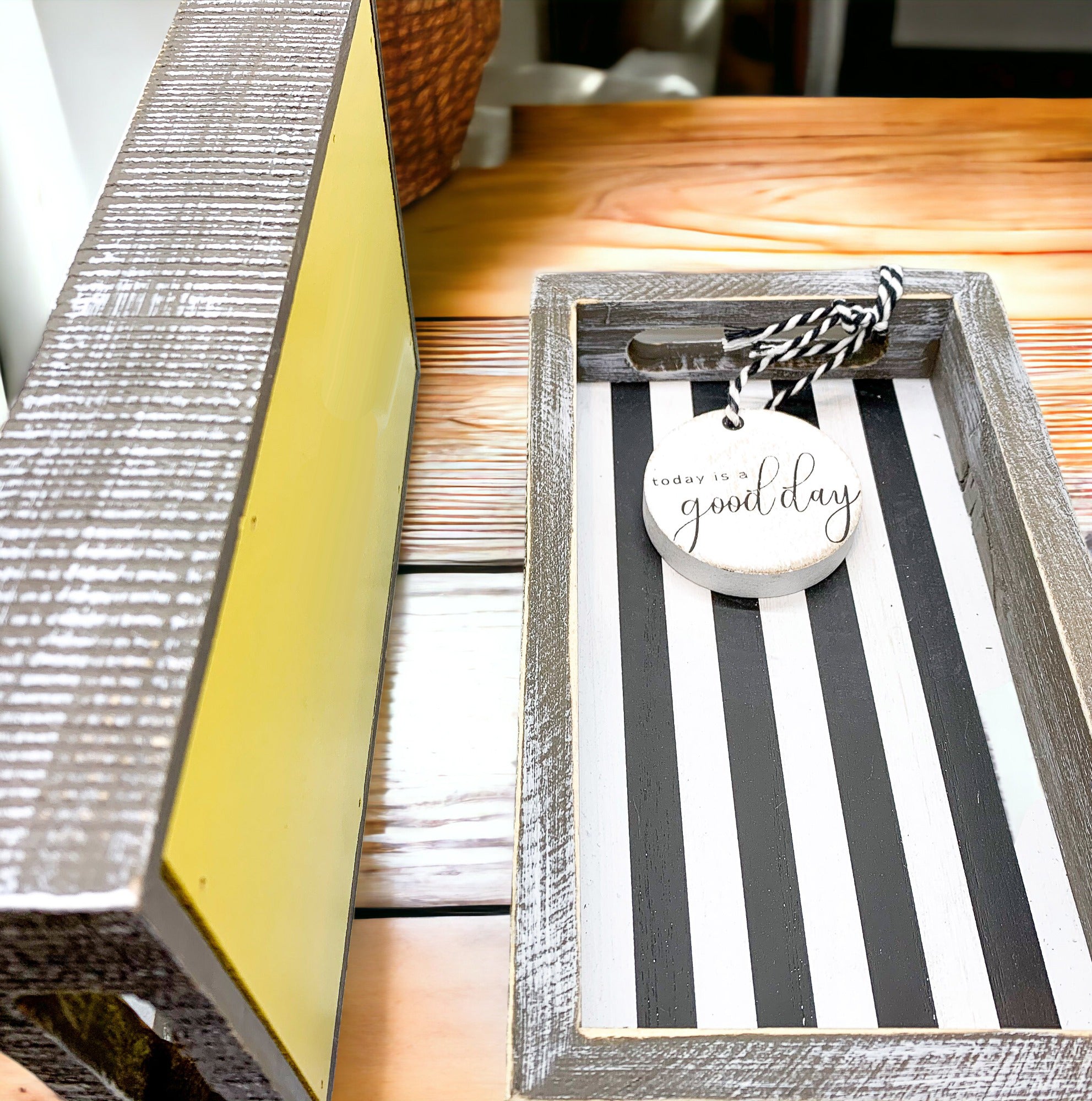 Good Day Stripes wooden tray featuring a black and white design with the phrase 'Today is a good day' on one side.