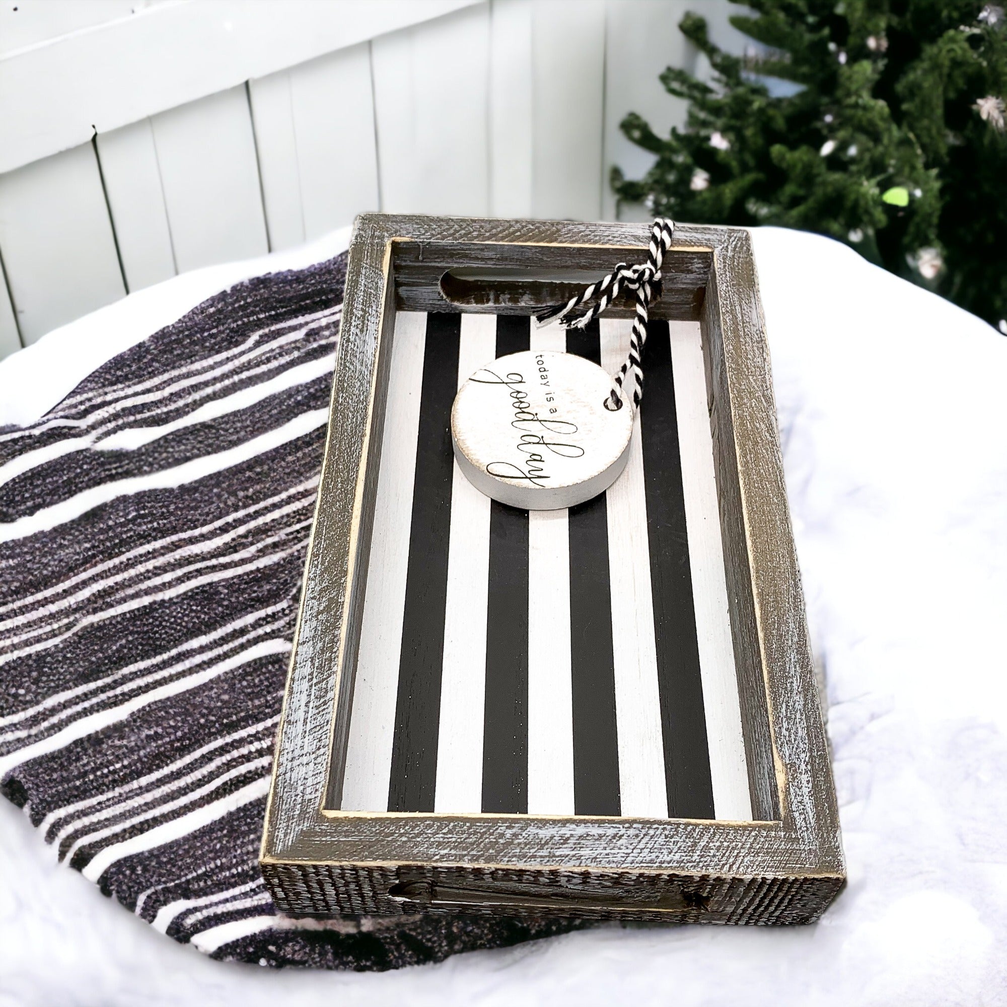 Good Day Stripes wooden tray featuring a black and white design with the phrase 'Today is a good day' on one side.