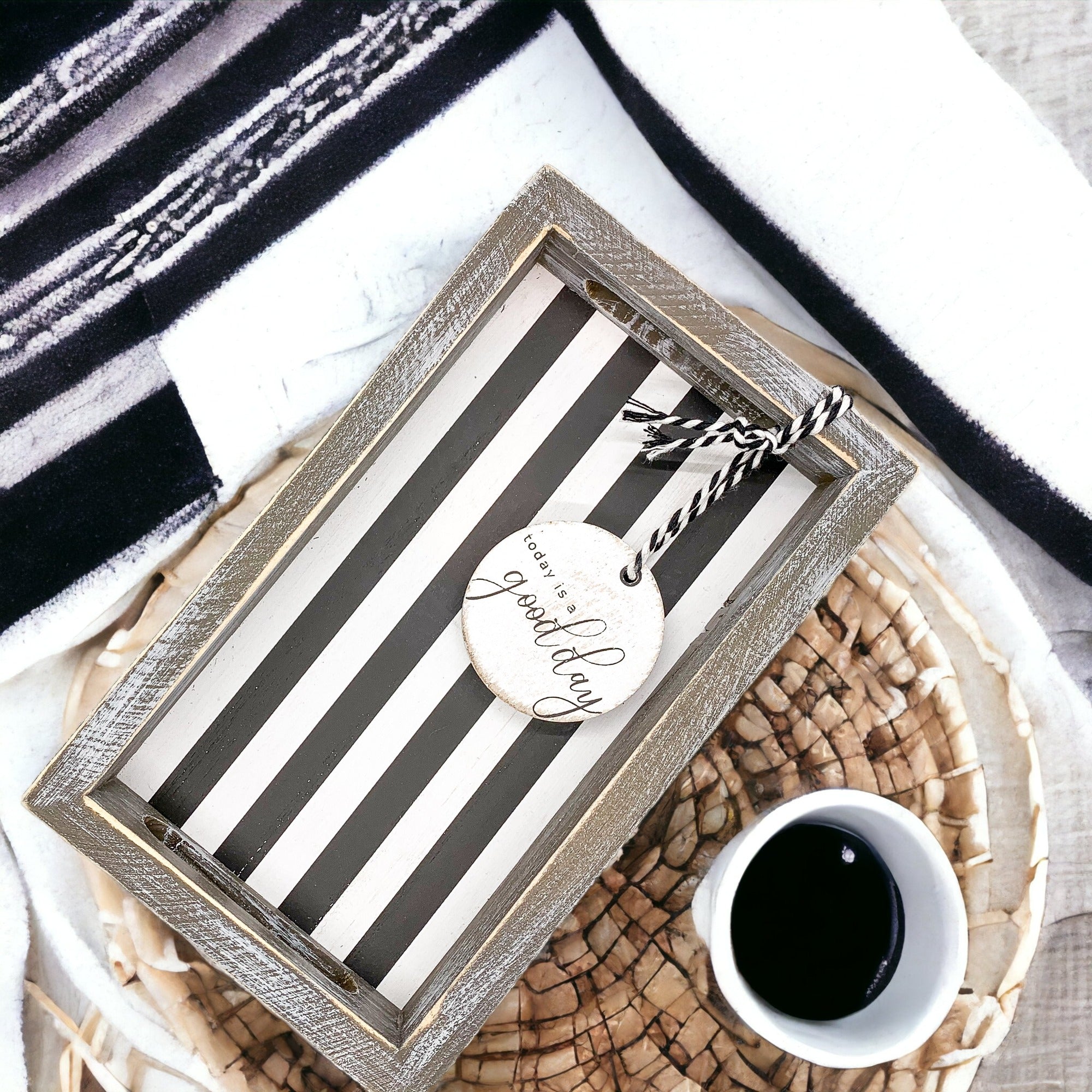 Good Day Stripes wooden tray featuring a black and white design with the phrase 'Today is a good day' on one side.