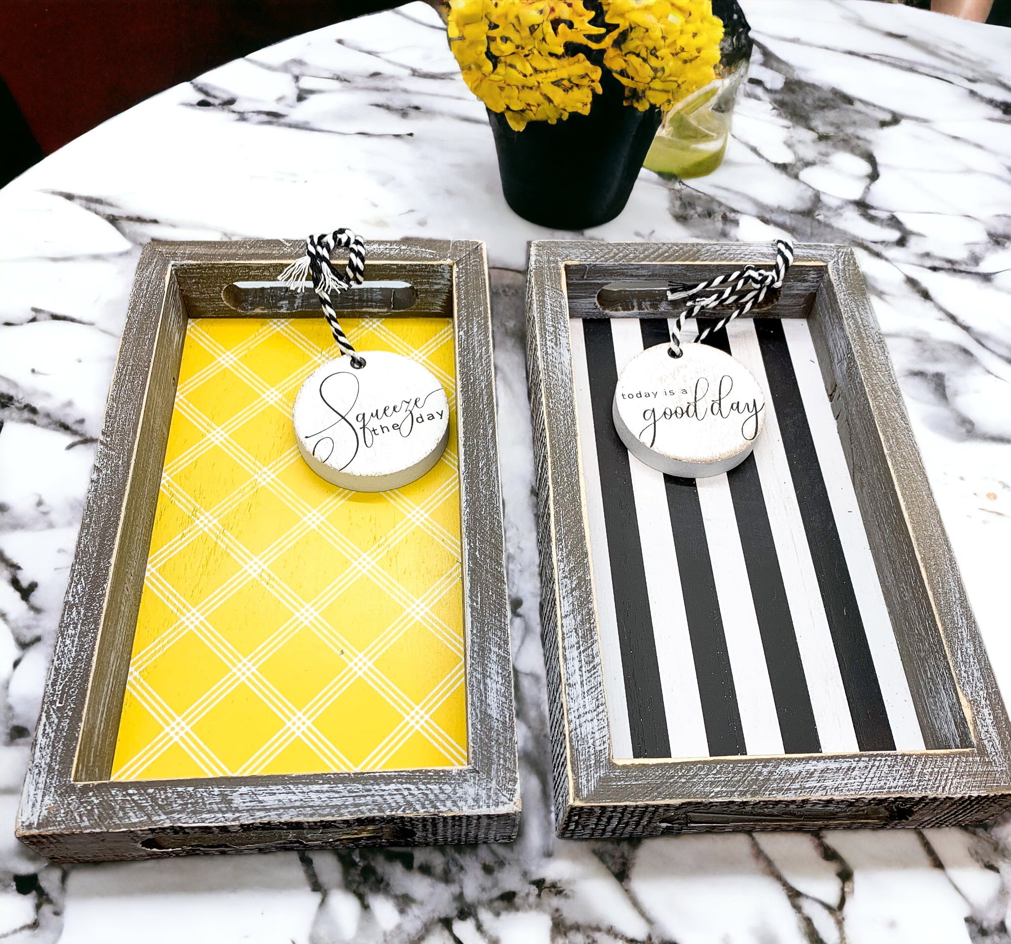 Good Day Stripes wooden tray featuring a black and white design with the phrase 'Today is a good day' on one side.