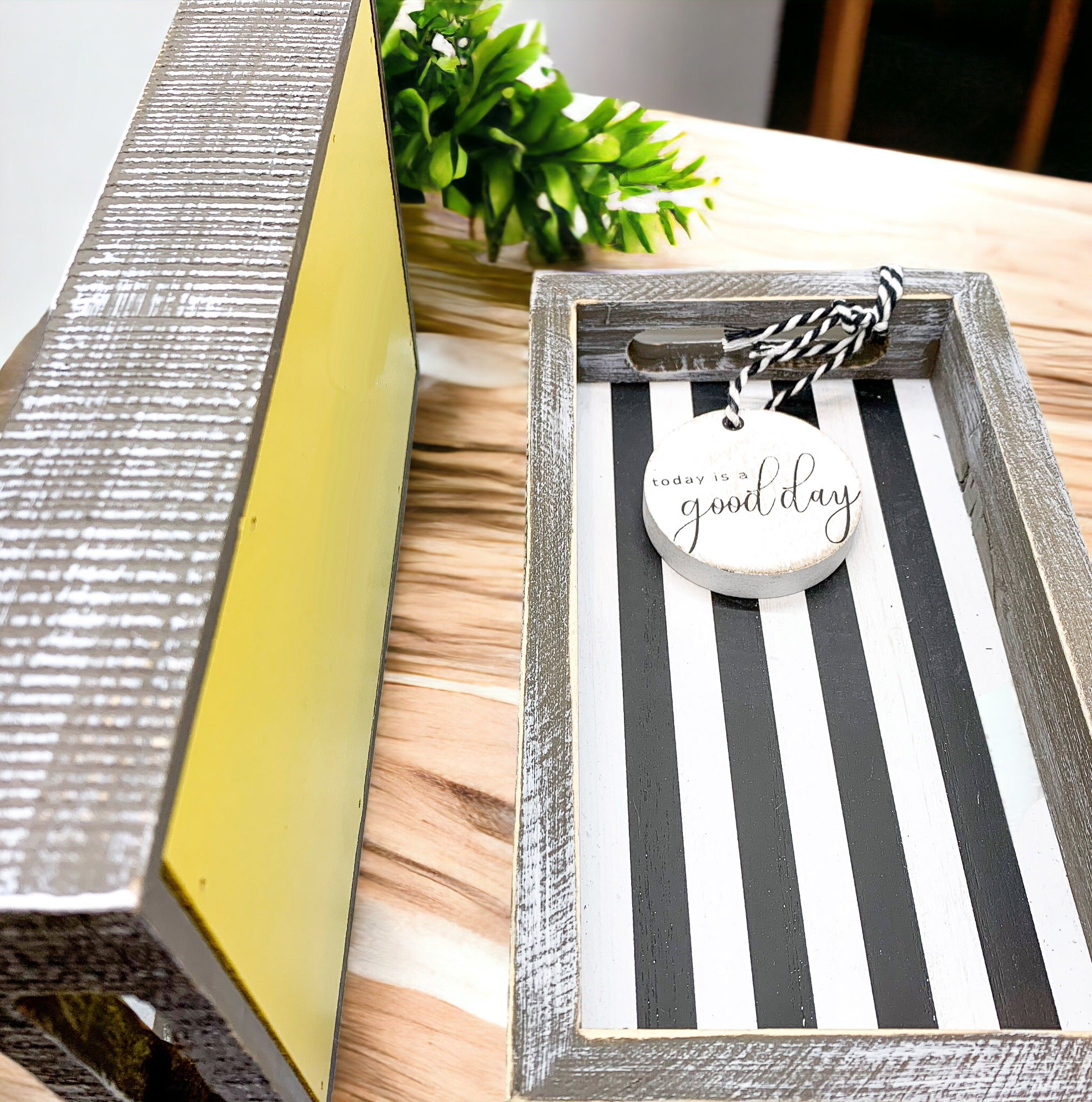 Good Day Stripes wooden tray featuring a black and white design with the phrase 'Today is a good day' on one side.