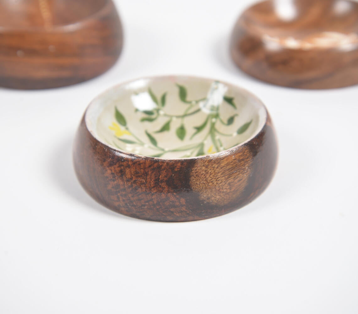 Set of 3 hand-painted wooden trinket trays featuring intricate nature designs in vibrant colors.