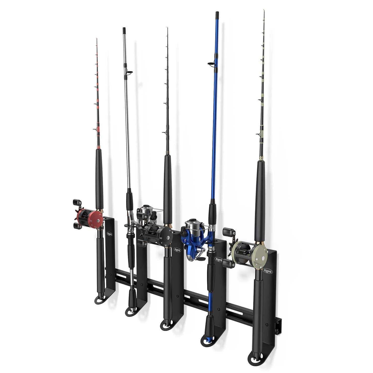 Offshore Fishing Rod Rack Organizer mounted on a wall, holding five fishing rods securely in place, showcasing its heavy-duty steel construction and elegant design.