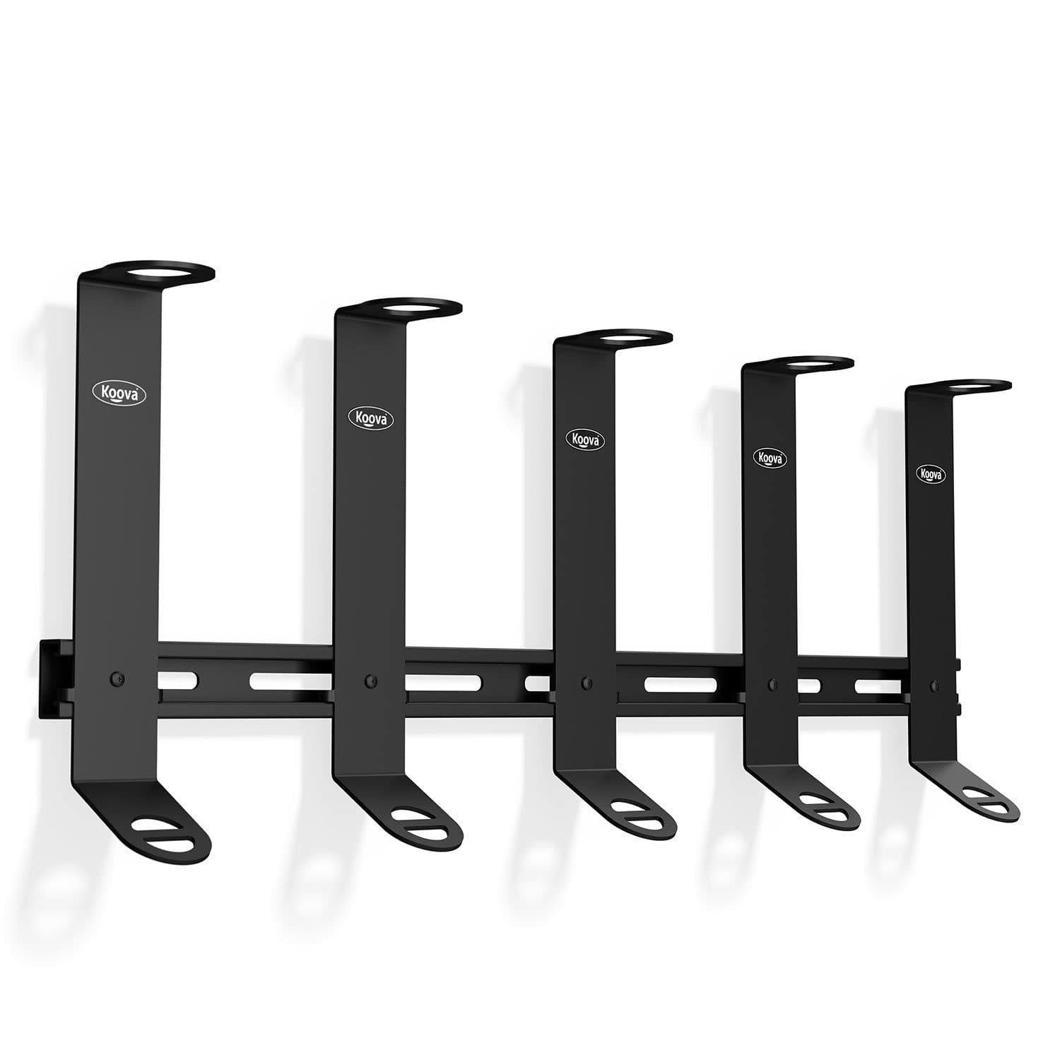 Offshore Fishing Rod Rack Organizer mounted on a wall, holding five fishing rods securely in place, showcasing its heavy-duty steel construction and elegant design.