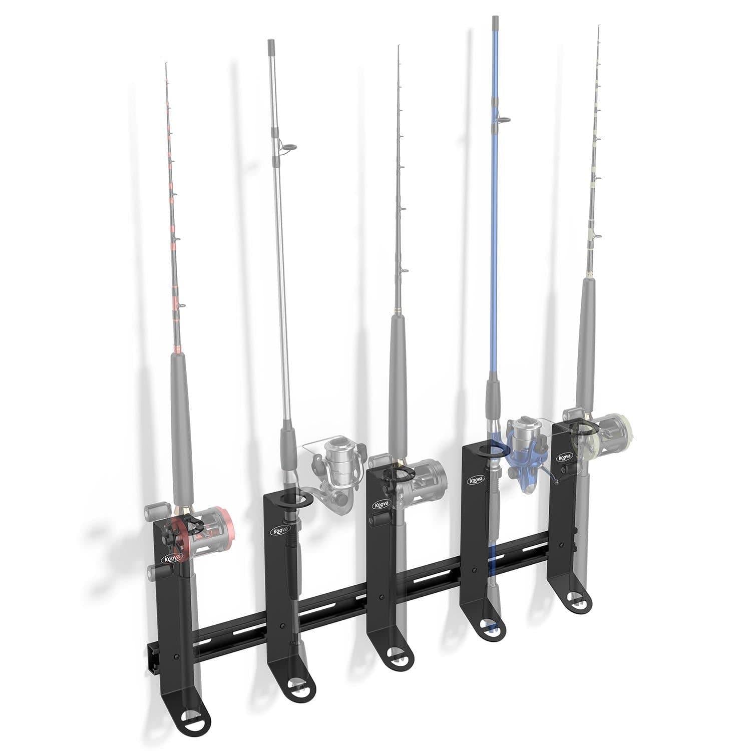 Offshore Fishing Rod Rack Organizer mounted on a wall, holding five fishing rods securely in place, showcasing its heavy-duty steel construction and elegant design.