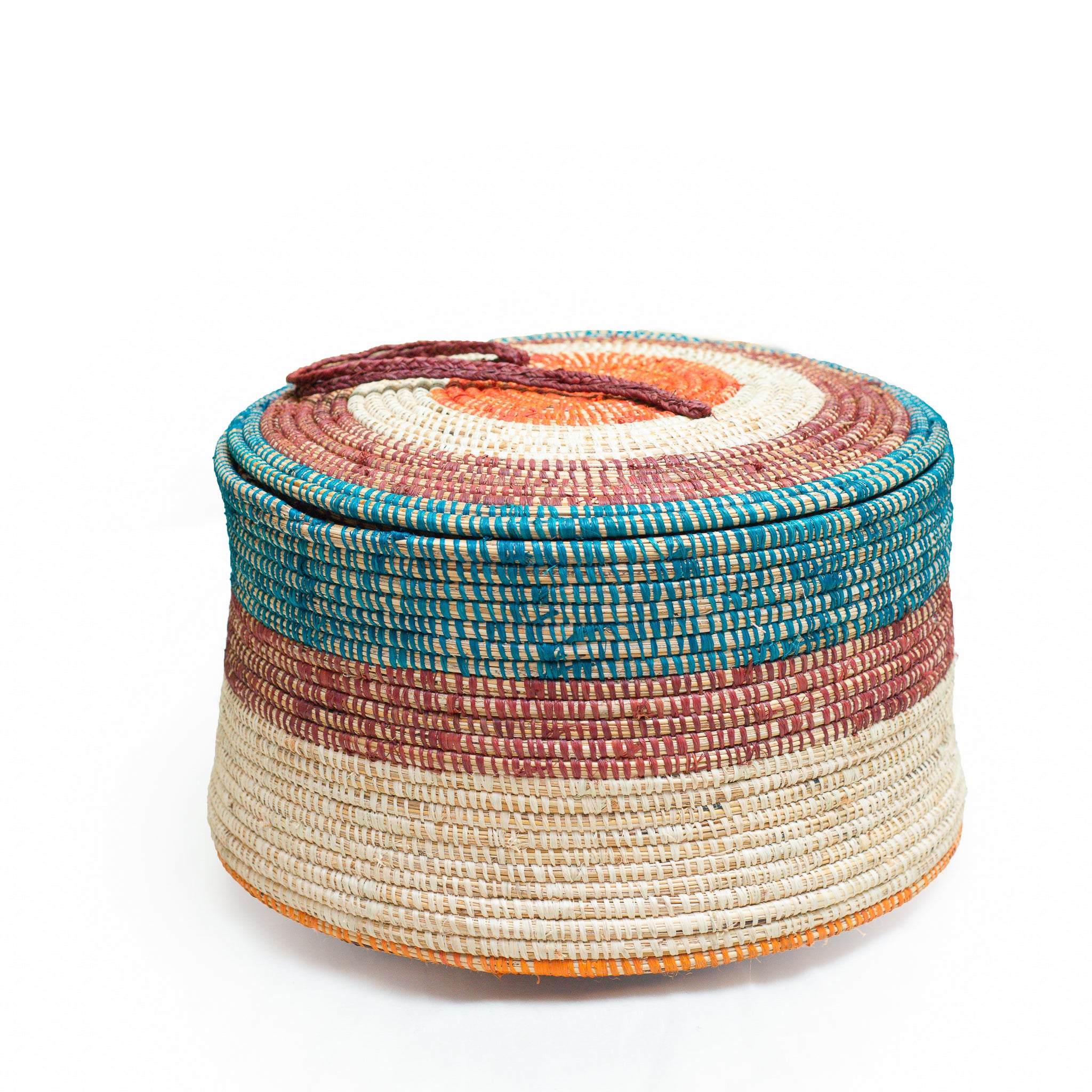 A beautifully handwoven Serengeti basket showcasing vibrant colors and authentic African design, perfect for home decor and storage.