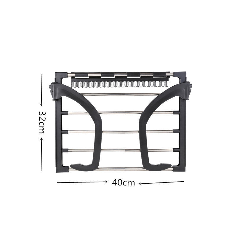 A stainless steel balcony drying rack with a sleek black finish, designed for indoor and outdoor use, showcasing its foldable and compact design.