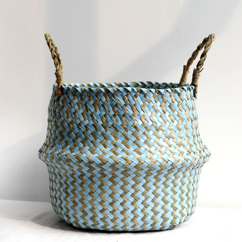 A set of stylish striped wicker storage baskets made from natural seagrass, showcasing their handcrafted design and ample storage space.
