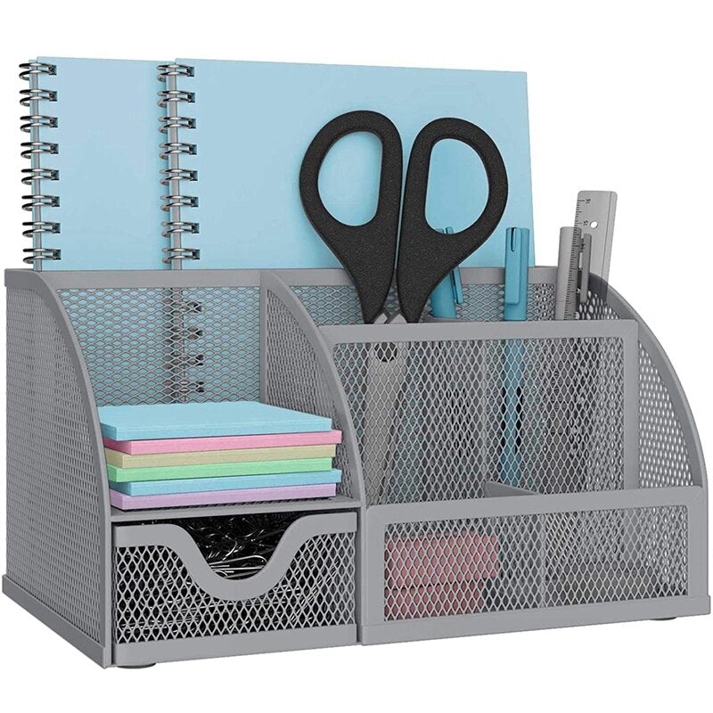 Sturdy gray metal desktop organizer with multiple compartments for pens, papers, and office supplies, featuring rubber grips for surface protection.