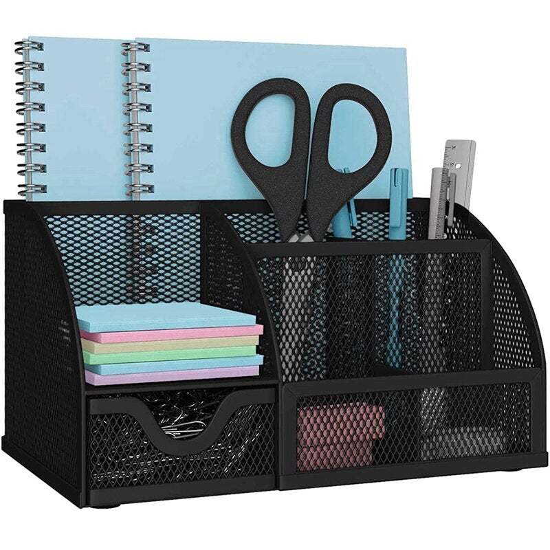 Sturdy gray metal desktop organizer with multiple compartments for pens, papers, and office supplies, featuring rubber grips for surface protection.