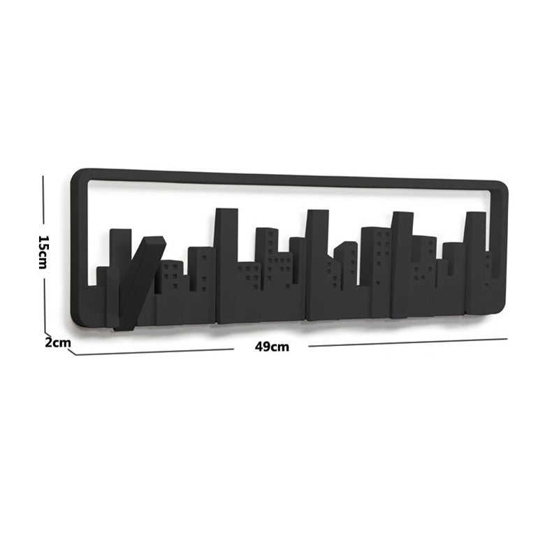 Stylish black wall-mounted coat rack with five flip-down hooks for versatile storage.
