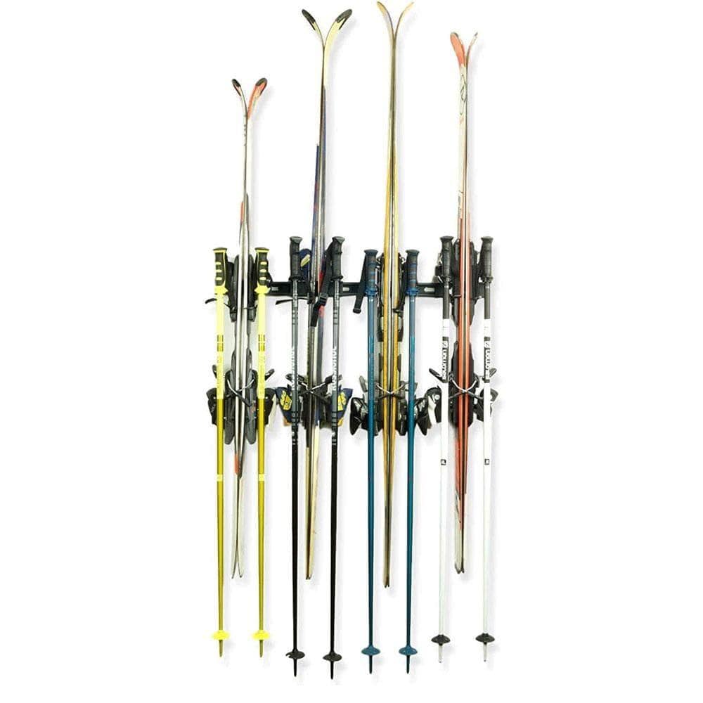 Wall Mount Snow Ski Rack displaying skis and poles, showcasing its sturdy design and space-saving features.