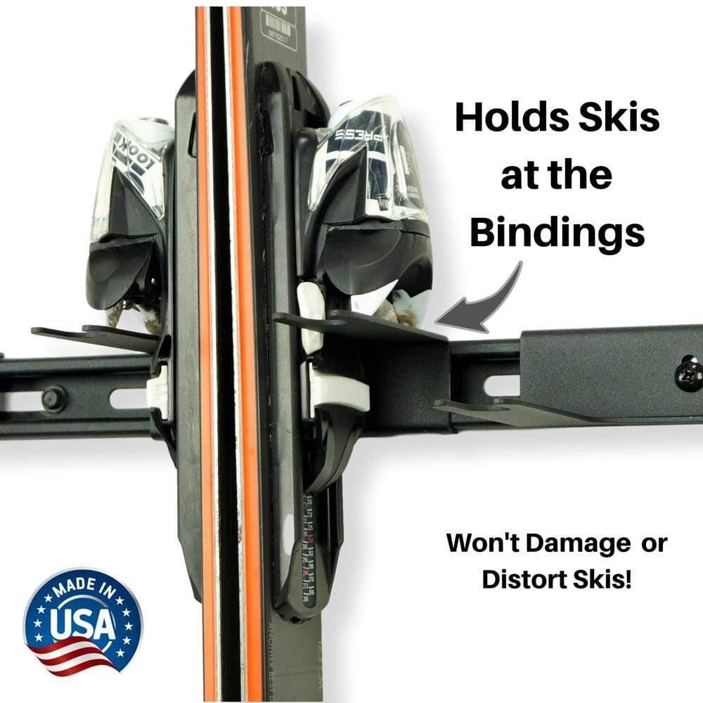 Wall Mount Snow Ski Rack displaying skis and poles, showcasing its sturdy design and space-saving features.
