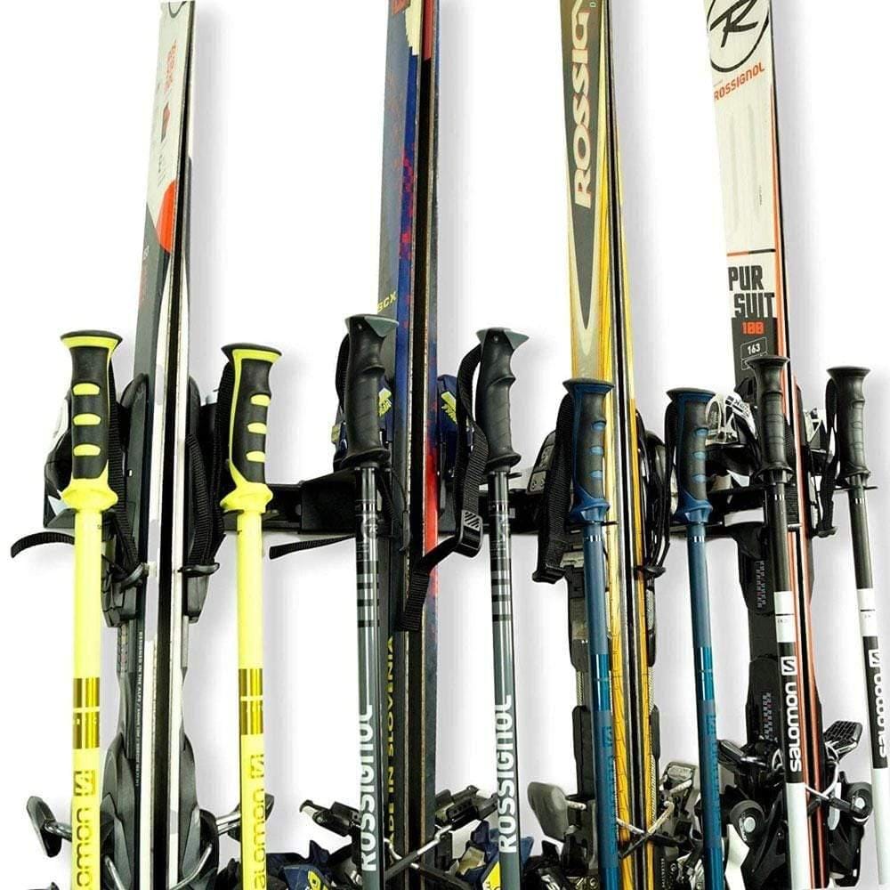 Wall Mount Snow Ski Rack displaying skis and poles, showcasing its sturdy design and space-saving features.