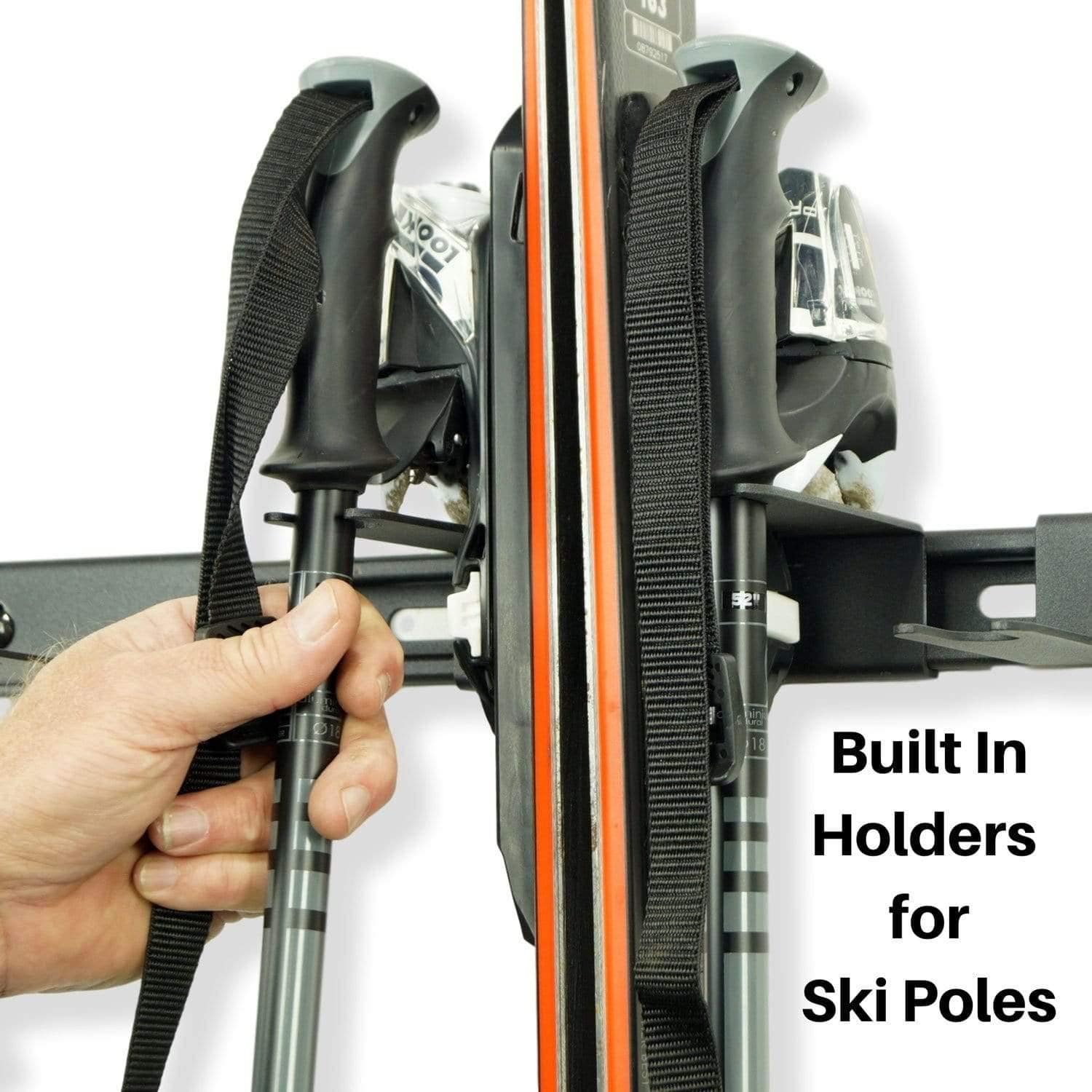 Wall Mount Snow Ski Rack displaying skis and poles, showcasing its sturdy design and space-saving features.