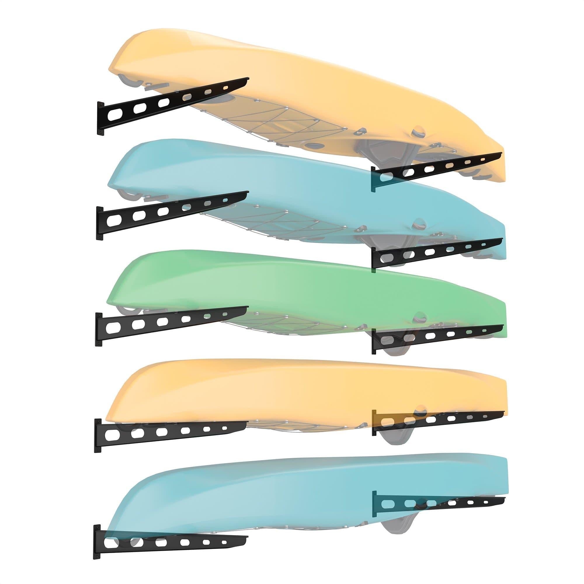 Wall Mounted Watersport Rack made of heavy-duty powder-coated steel, designed to securely store kayaks off the floor with padded mounts.