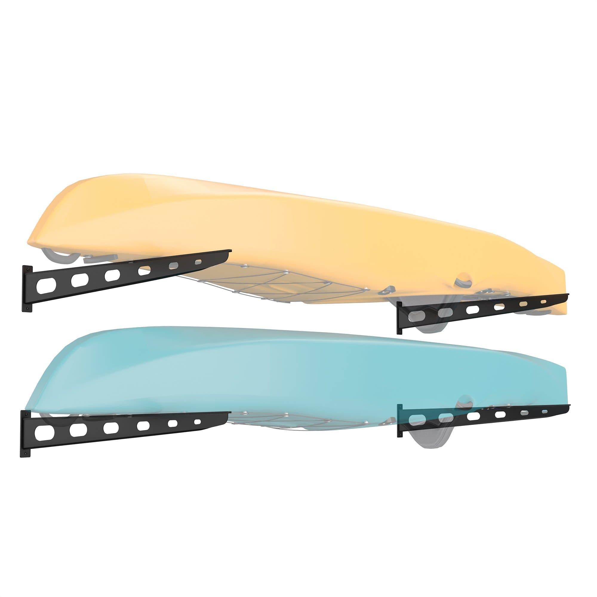 Wall Mounted Watersport Rack made of heavy-duty powder-coated steel, designed to securely store kayaks off the floor with padded mounts.