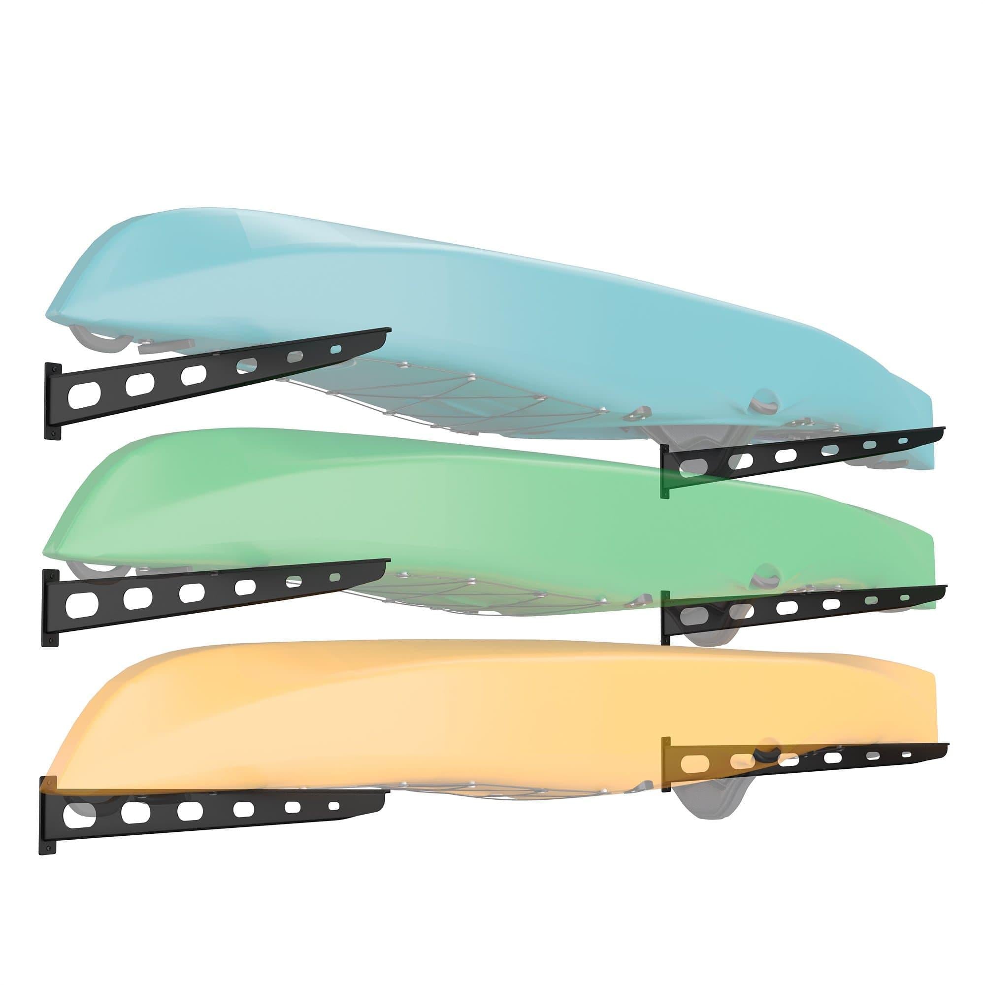 Wall Mounted Watersport Rack made of heavy-duty powder-coated steel, designed to securely store kayaks off the floor with padded mounts.