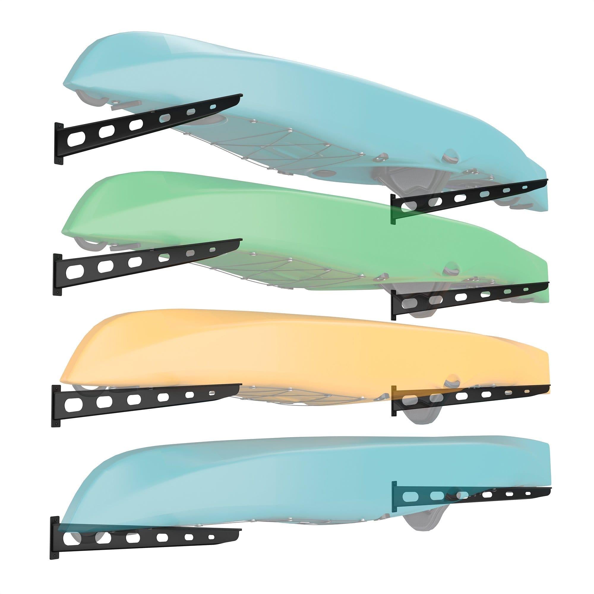 Wall Mounted Watersport Rack made of heavy-duty powder-coated steel, designed to securely store kayaks off the floor with padded mounts.