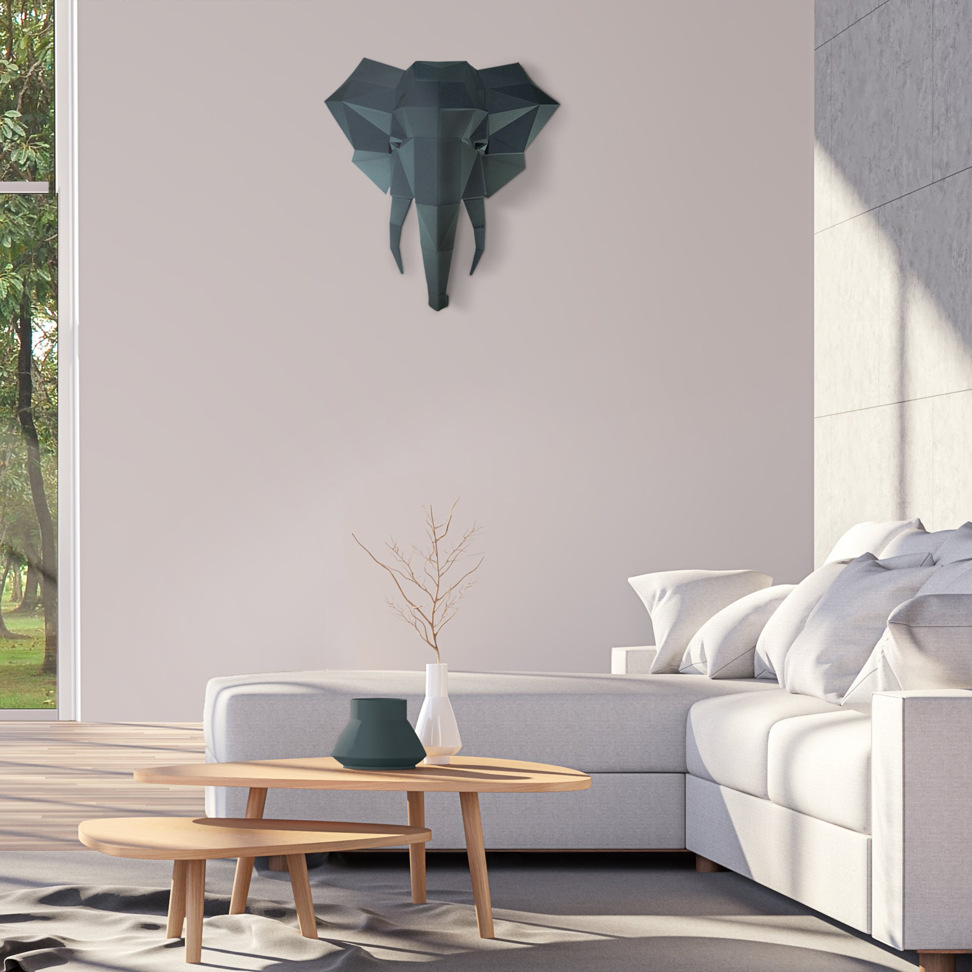 A beautifully crafted 3D elephant head wall art made from strong paperboard, showcasing intricate details and a stunning design.