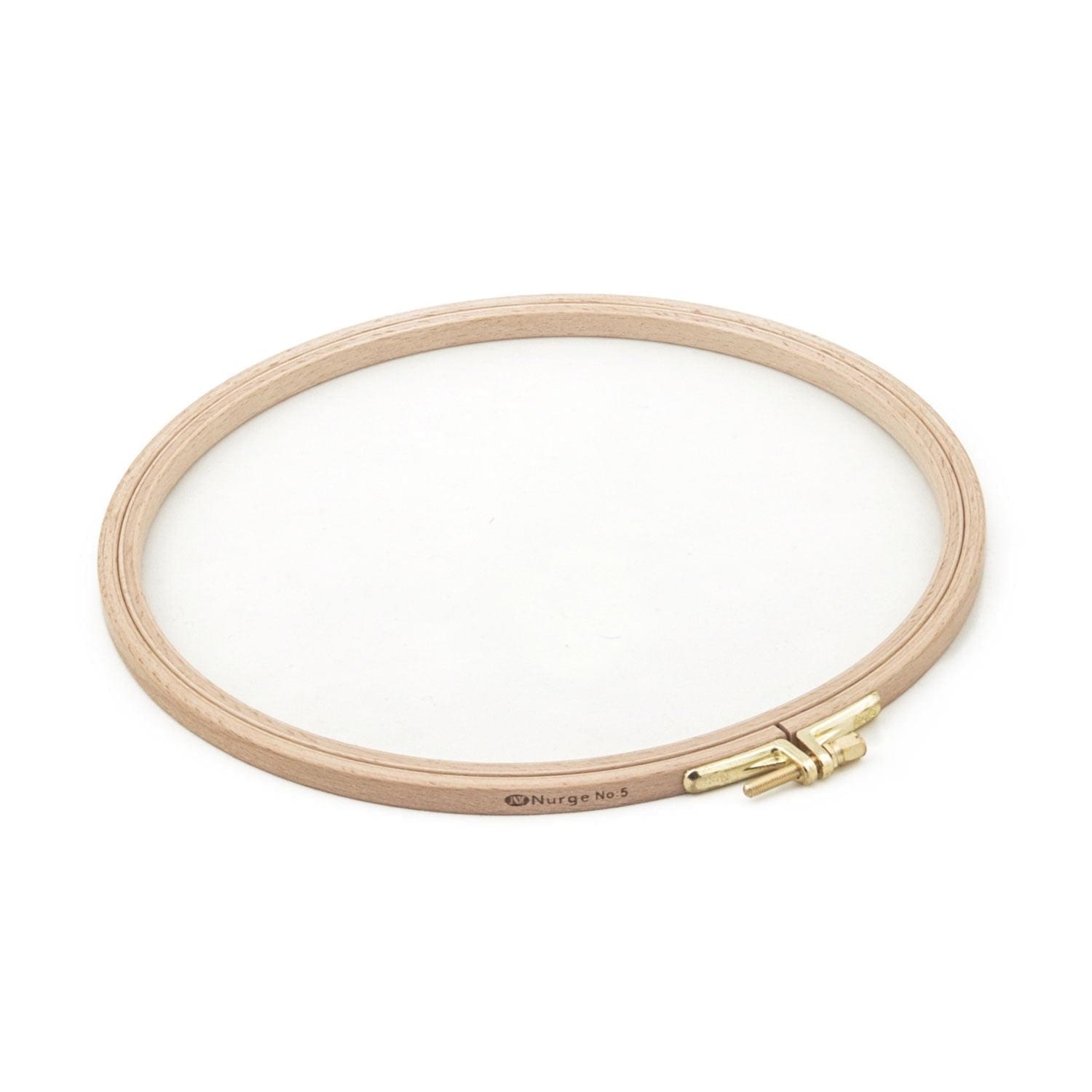 Nurge 8mm Screwed Wooden Embroidery Hoop made from beech wood with brass fittings, showcasing its smooth finish and elegant design.