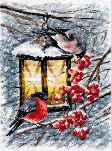 A Christmas Light 1024 Counted Cross Stitch Kit featuring colorful threads, Aida canvas, and a needle for festive crafting.