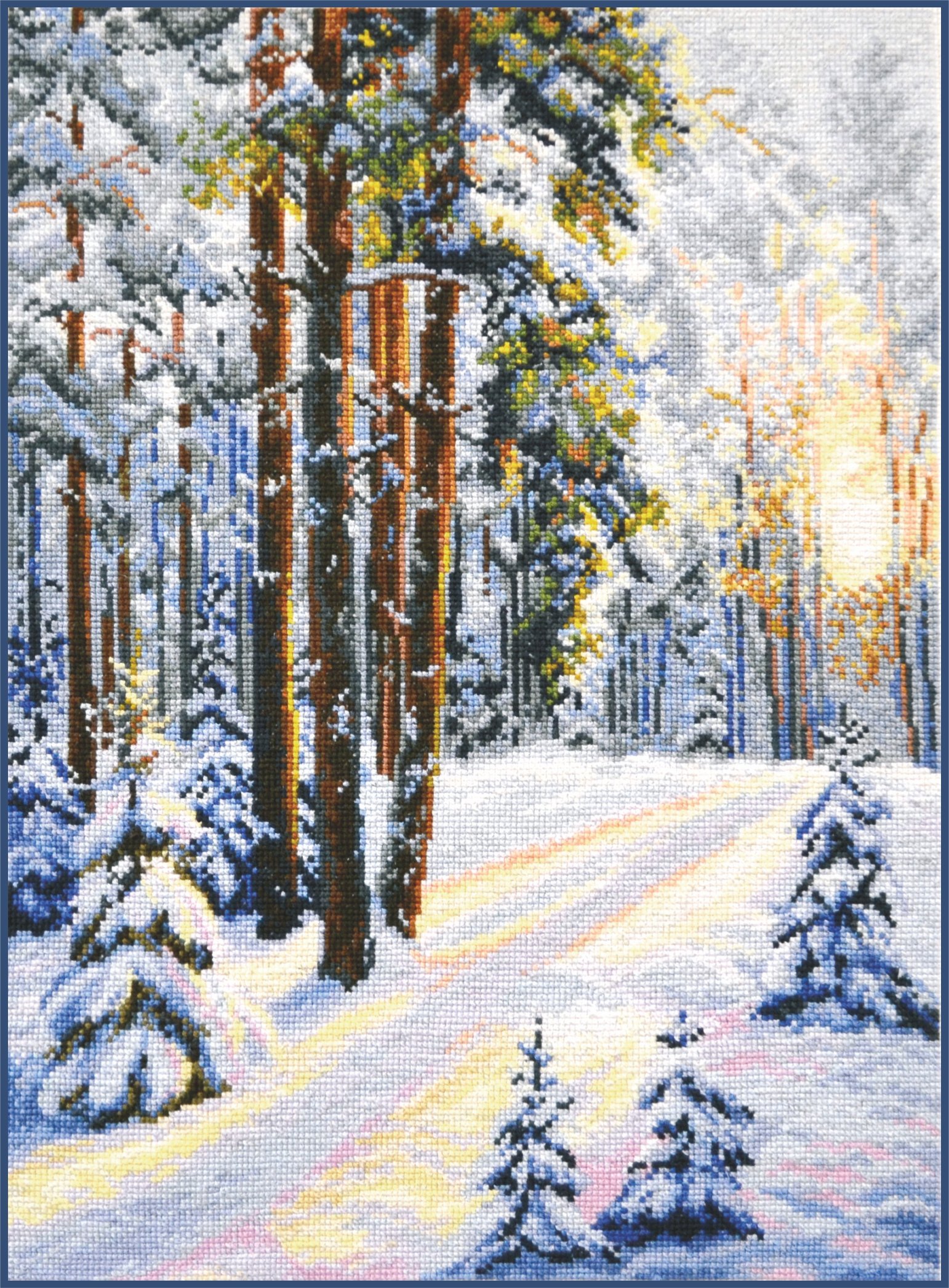 A Winter Road 727 Counted Cross Stitch Kit featuring a winter landscape with pine trees and sunlight, including threads and canvas.