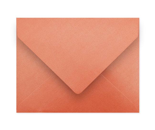 A box of 25 A2 Coral Envelopes made from superior metallic stock, showcasing their vibrant color and elegant design.