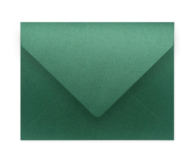 A box of 25 A2 Xmas Green Envelopes made from metallic stock, showcasing their vibrant green color and elegant design.