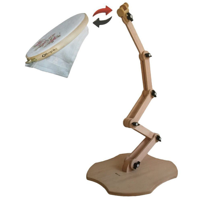Nurge 190-5 Adjustable Legged Embroidery Stand made of beechwood, showcasing its adjustable joints and non-slip feet.