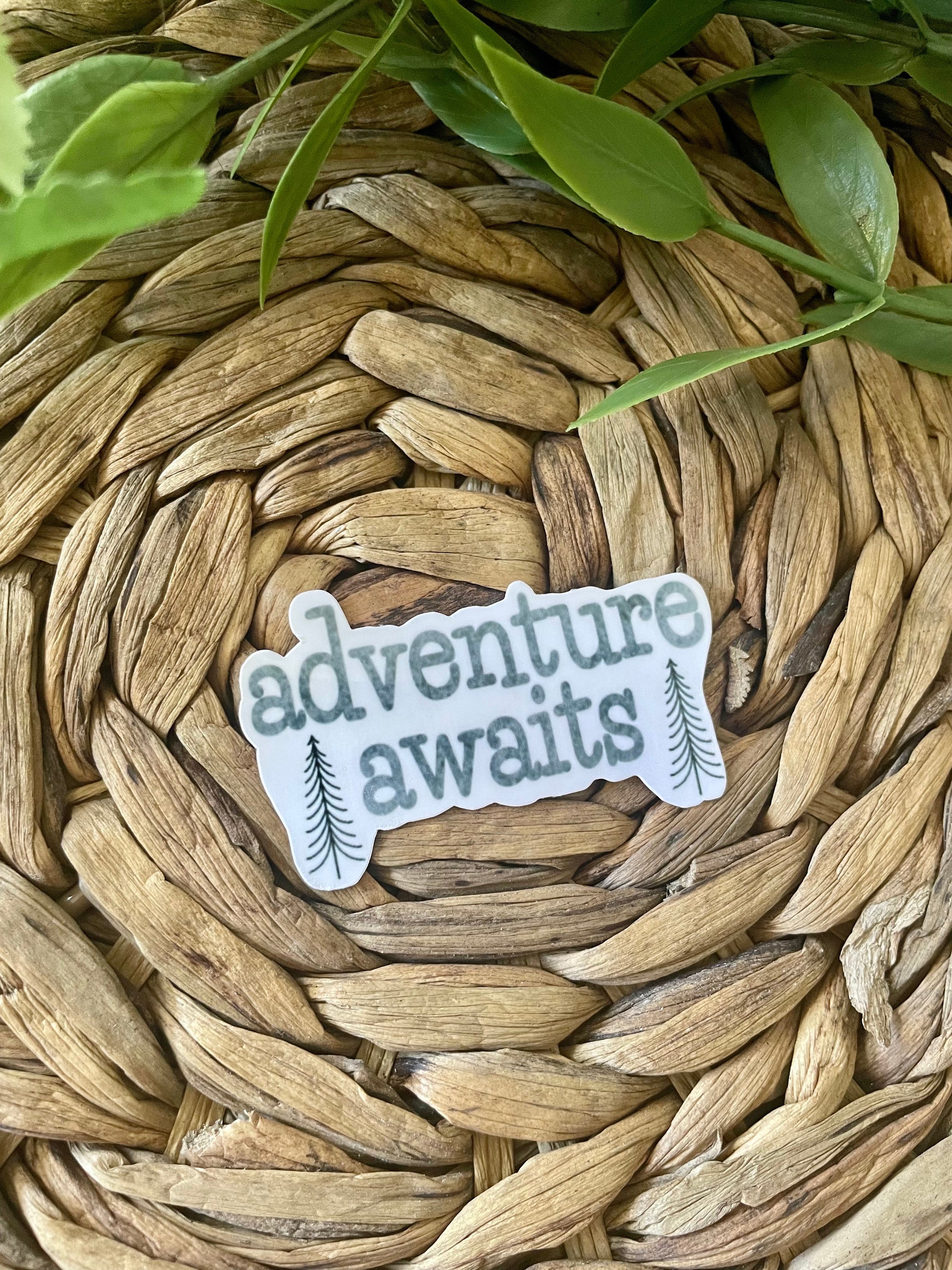Adventure Awaits sticker featuring a vibrant design, perfect for personalizing hydroflasks and laptops.