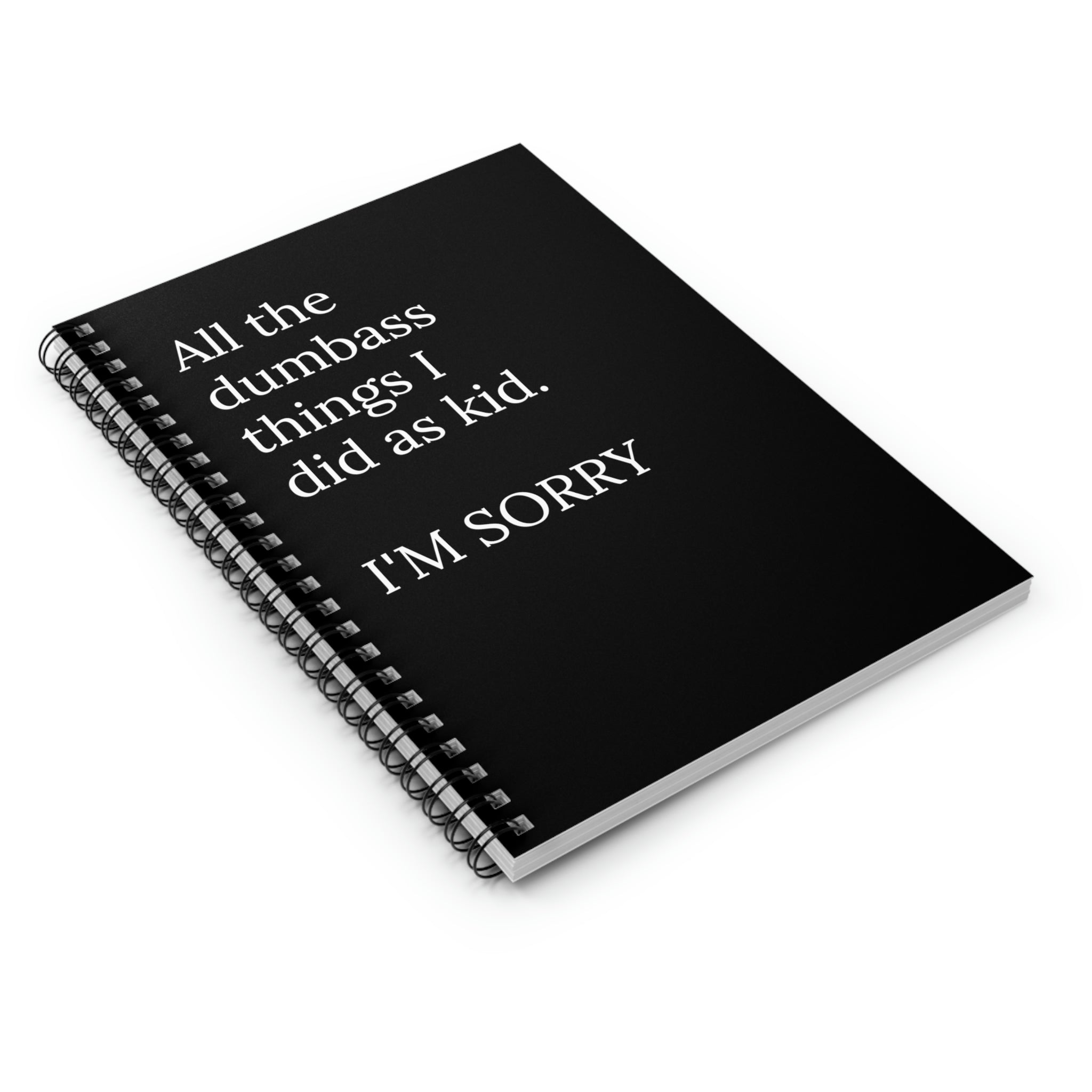 A humorous spiral notebook with a funny cover about childhood antics, featuring ruled line pages and a durable design.