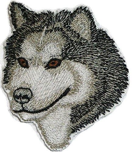 Alaskan Malamute dog face embroidery patch, 3 inches by 2.5 inches, showcasing intricate details and vibrant colors.
