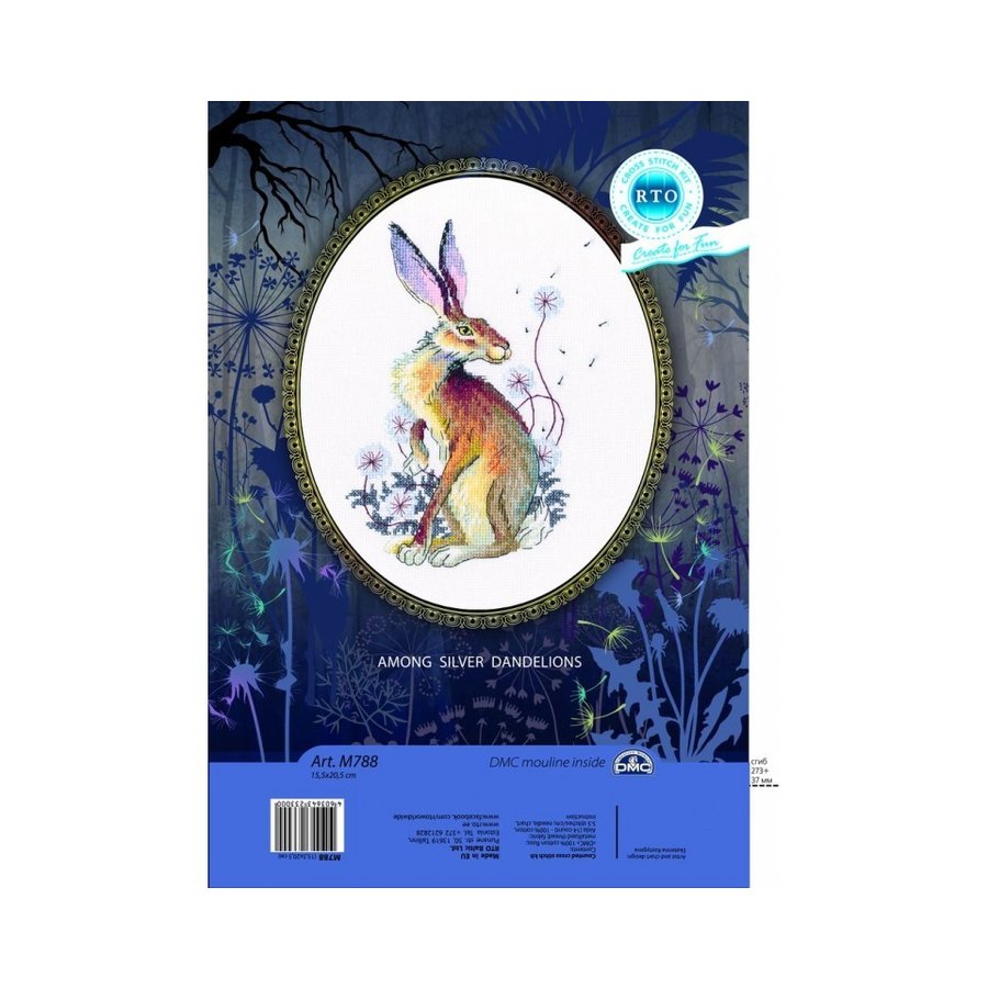 Among Silver Dandelions M788 Counted Cross Stitch Kit with white canvas, colorful threads, and included accessories.