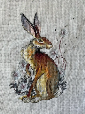 Among Silver Dandelions M788 Counted Cross Stitch Kit with white canvas, colorful threads, and included accessories.