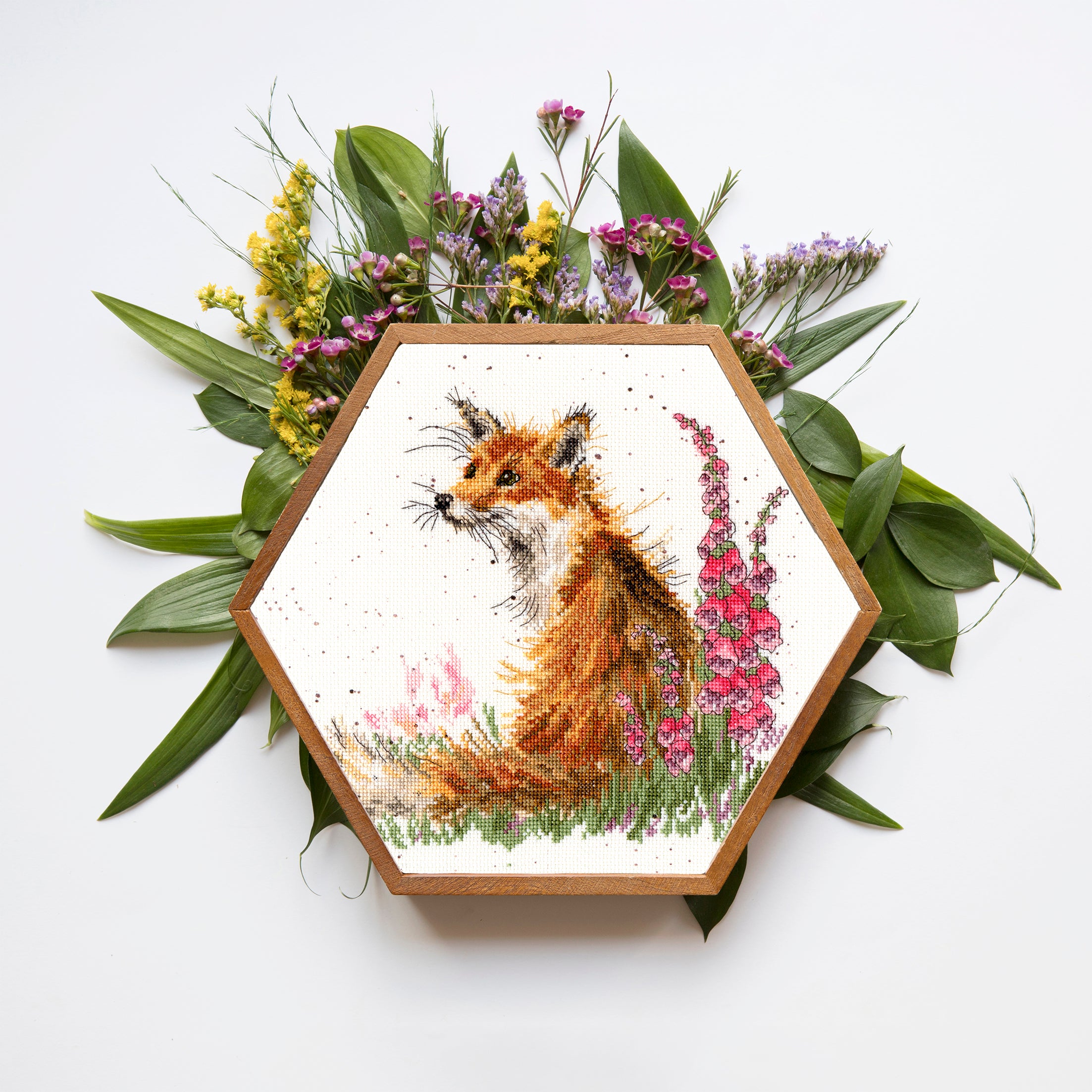 Amongst the Foxgloves XHD8 Counted Cross Stitch Kit featuring vibrant threads and speckled Aida fabric.