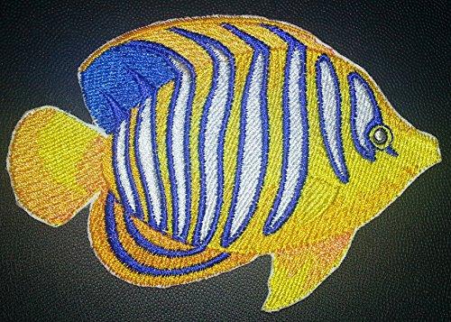 Angel Fish embroidered iron-on patch, featuring vibrant colors and intricate stitching, measuring 4.5 inches by 3.5 inches.