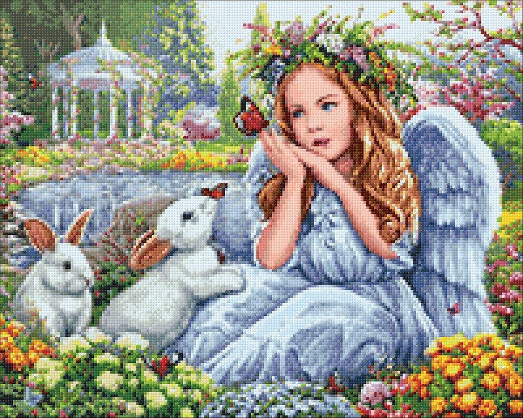 Angel in the Garden Crafting Spark Diamond painting kit with colorful square acrylic diamonds and self-adhesive canvas.