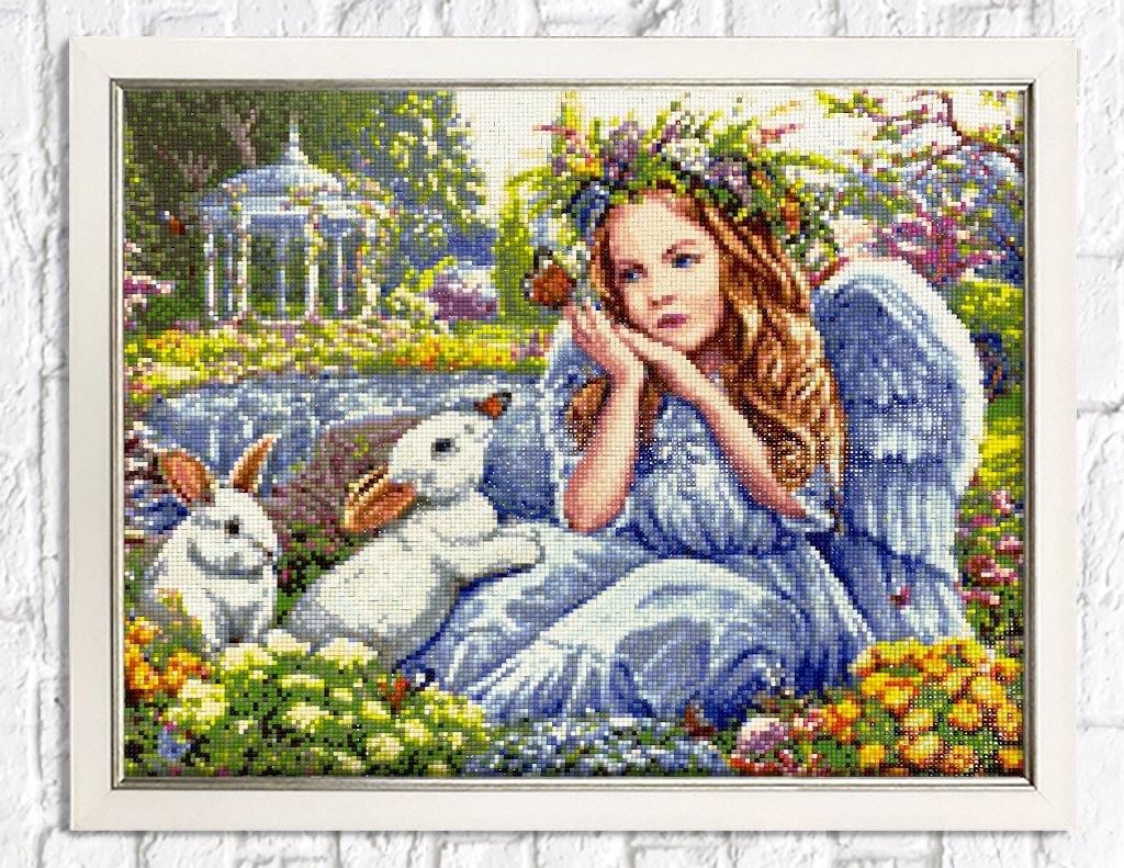 Angel in the Garden Crafting Spark Diamond painting kit with colorful square acrylic diamonds and self-adhesive canvas.