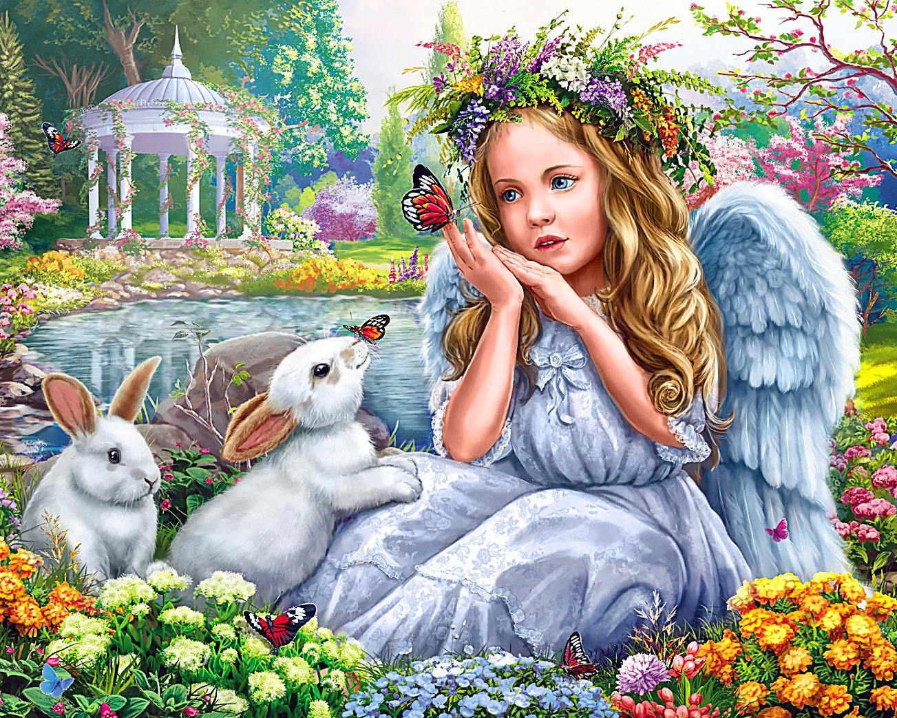 Angel in the Garden Crafting Spark Diamond painting kit with colorful square acrylic diamonds and self-adhesive canvas.